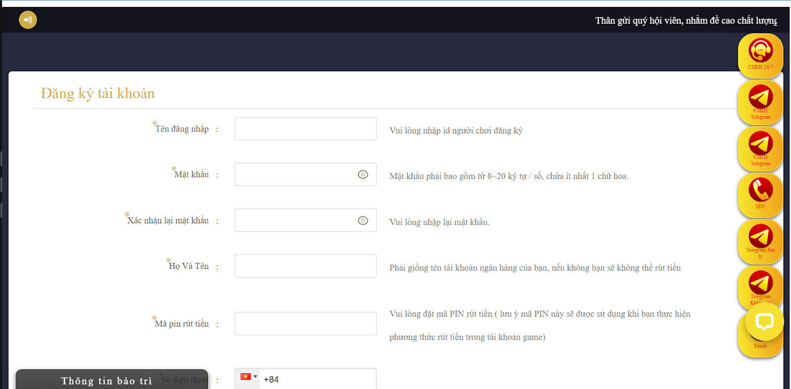 Điền đầy đủ thông tin trên form đăng ký