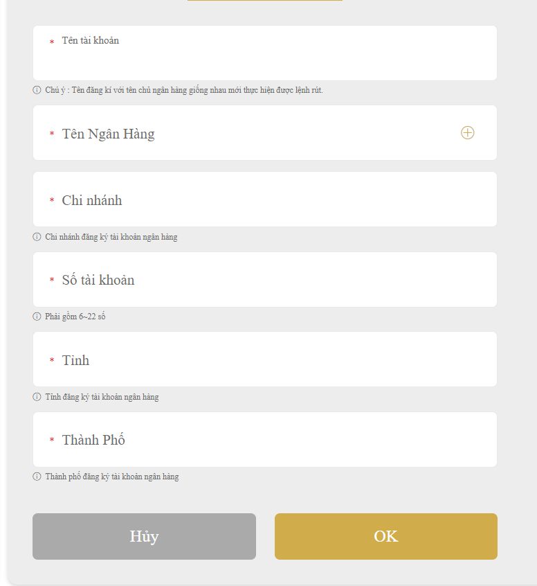 Điền thông tin ngân hàng rút tiền 