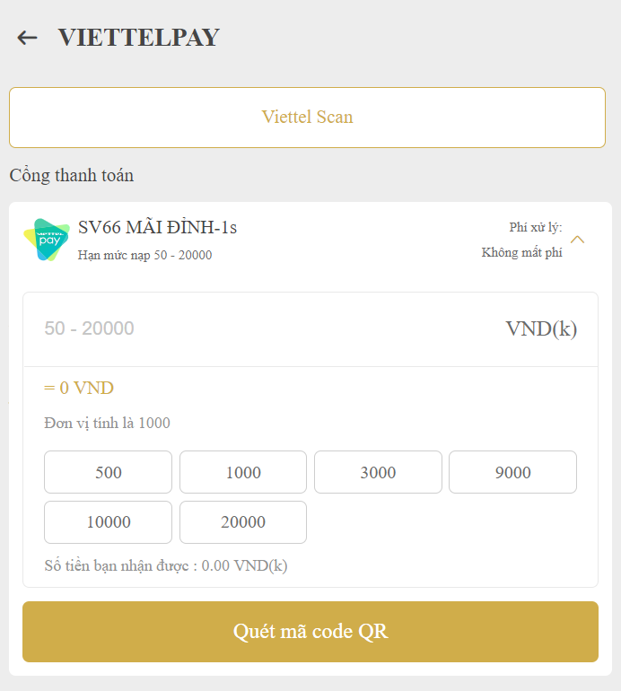Nạp tiền SV66 Viettel pay
