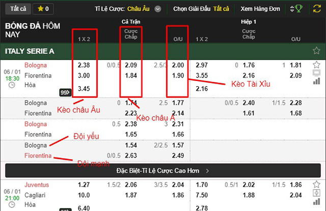 Một số loại cược khi chơi kèo Tài Xỉu trên bảng tỉ lệ kèo