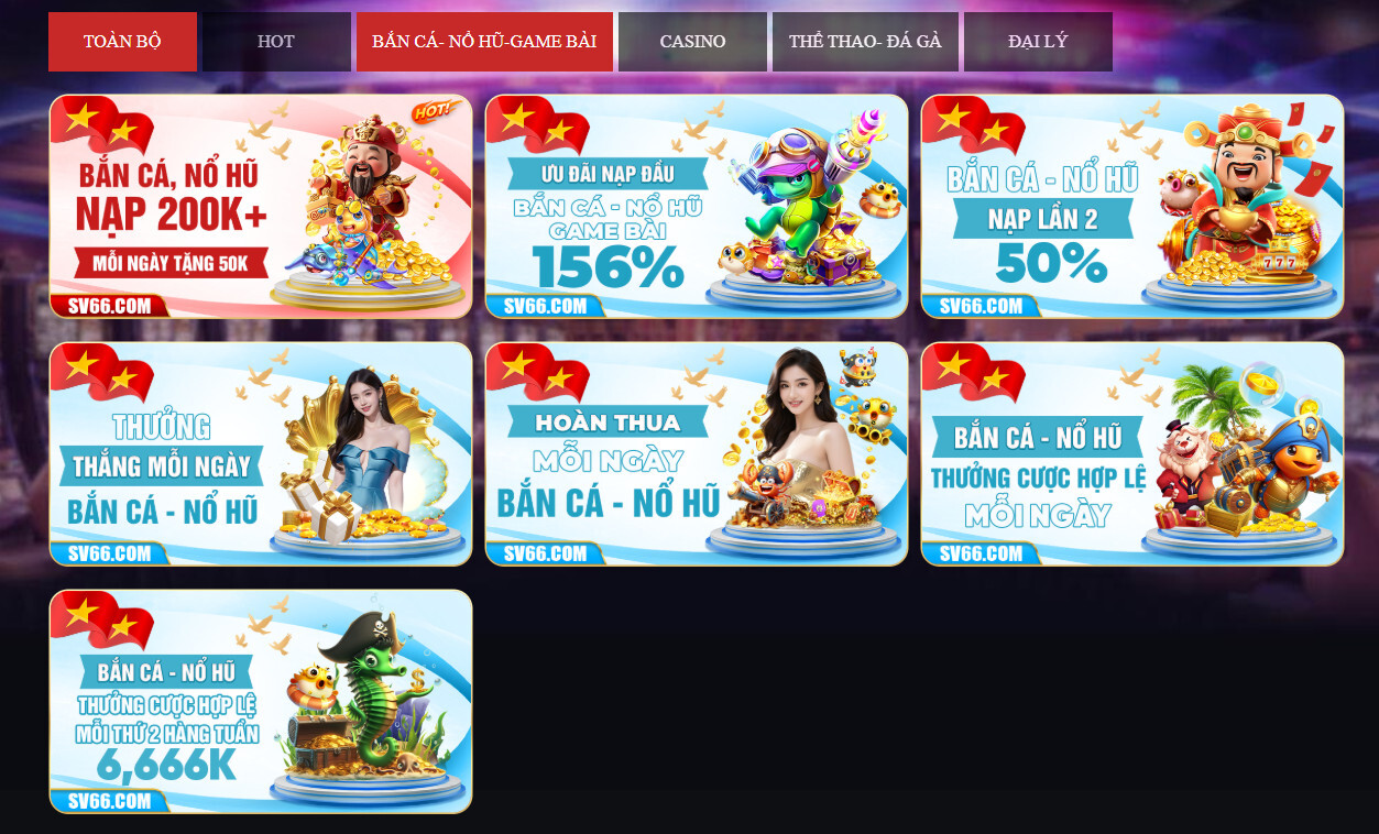 Game bài, bắn cá, nổ hũ SV66 tặng thưởng khủng